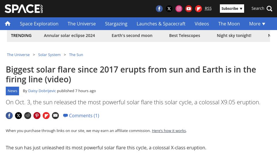 Screenshot of space.com: Biggest solar flare since 2017 erupts from sun and Earth is in the firing line