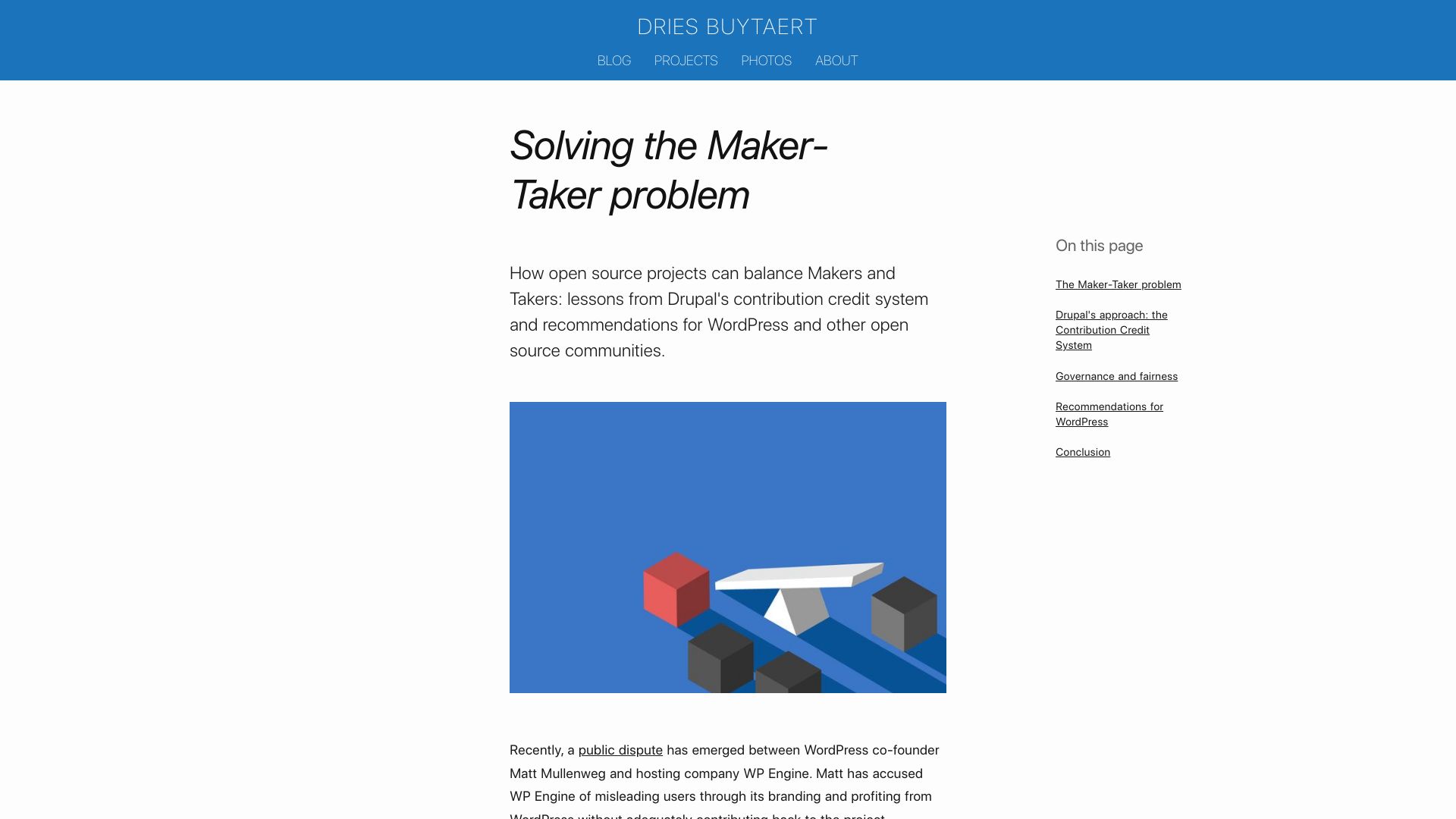 Screenshot of dri.es: Solving the Maker-Taker Problem