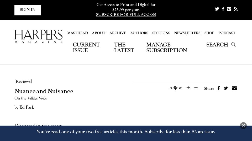 Screenshot of harpers.org: Nuance and Nuisance: On the Village Voice