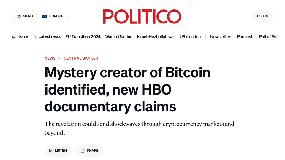 Screenshot of politico.eu: Mystery creator of Bitcoin identified, new HBO documentary claims