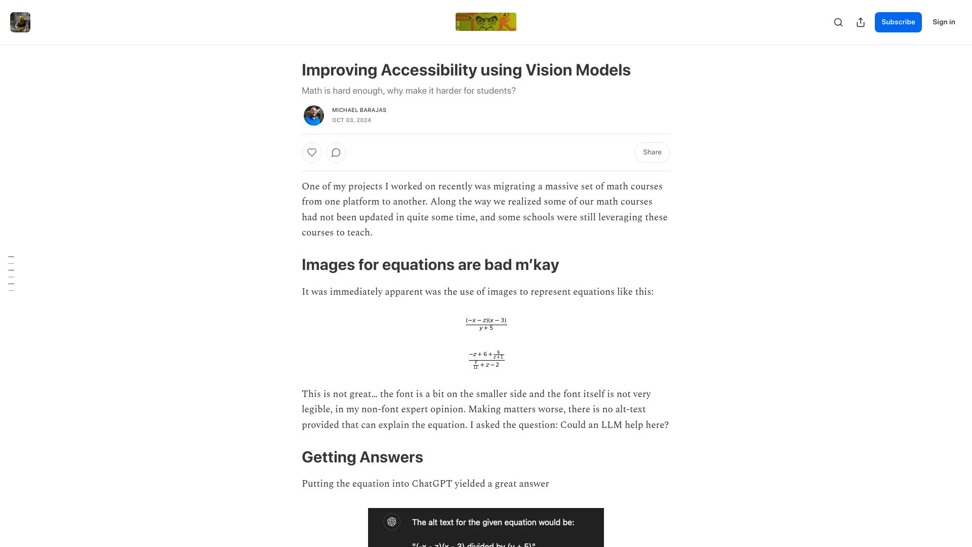 Screenshot of myswamp.substack.com: Improving Accessibility Using Vision Models