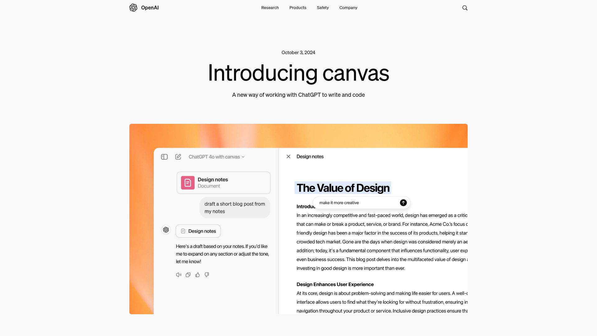 Screenshot of openai.com: Canvas is a new way to write and code with ChatGPT