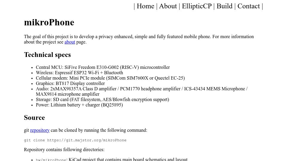 Screenshot of mikrophone.net: MikroPhone: A privacy enhanced, simple and featured RISC-V mobile phone