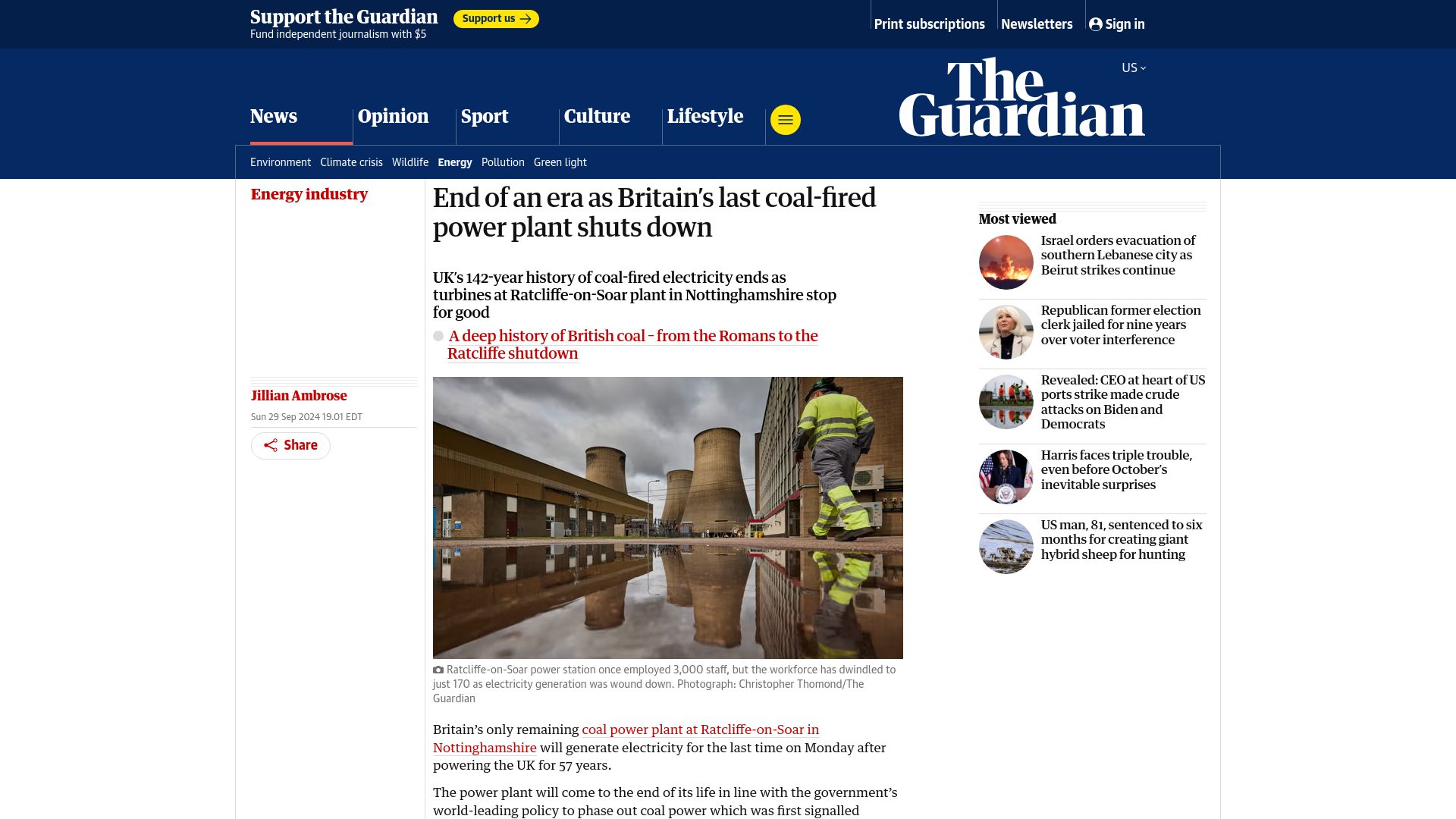 Screenshot of theguardian.com: Britain's last coal-fired power plant shuts down