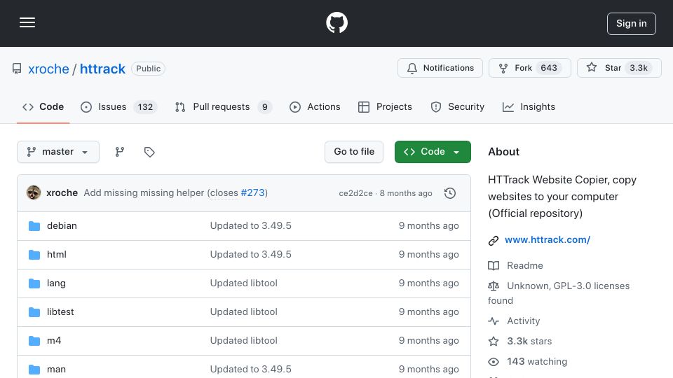 Screenshot of github.com: HTTrack Website Copier