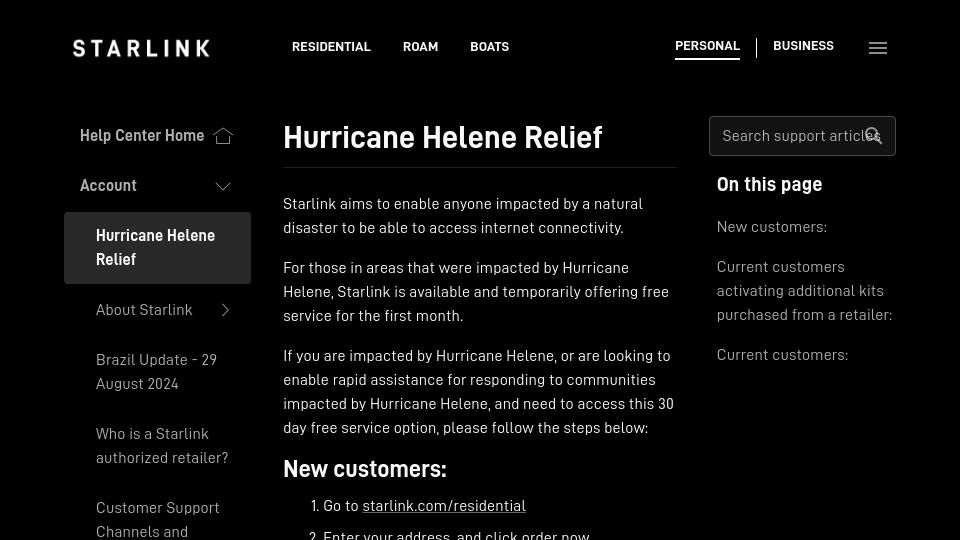 Screenshot of starlink.com: Starlink offering free internet access for 30 days for Hurricane Helene victims