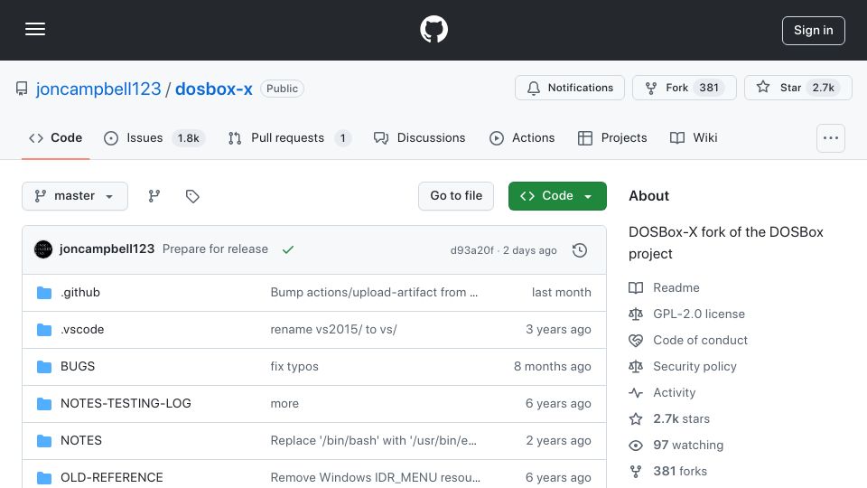 Screenshot of github.com: DOSBox-X: Enhanced Fork of DOSBox for Expanded DOS and Retro PC Support