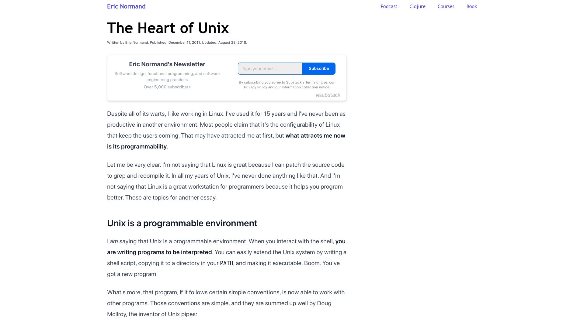 Screenshot of ericnormand.me: The Heart of Unix (2018)