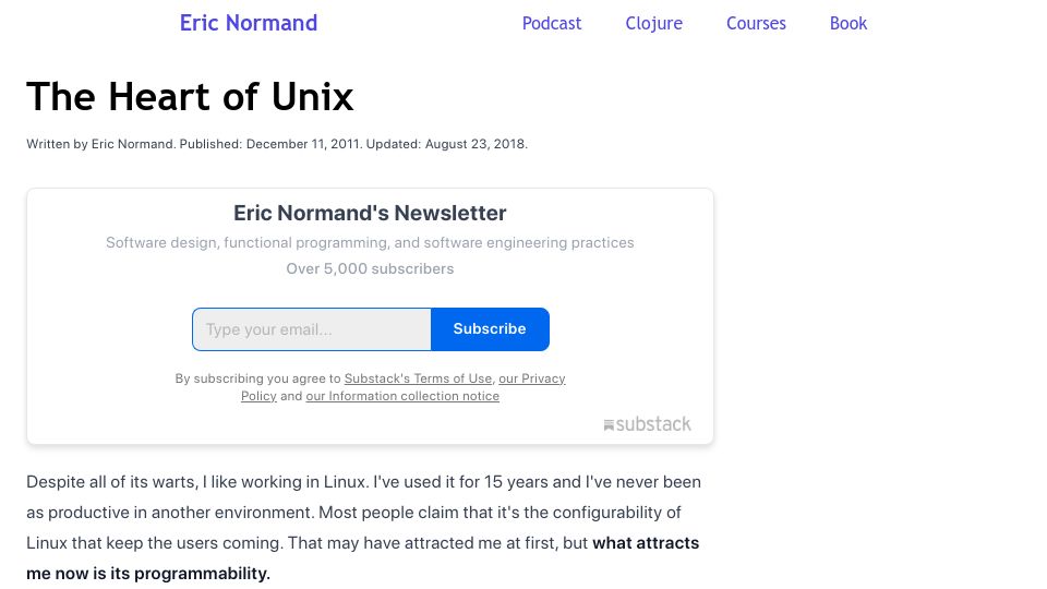 Screenshot of ericnormand.me: The Heart of Unix (2018)