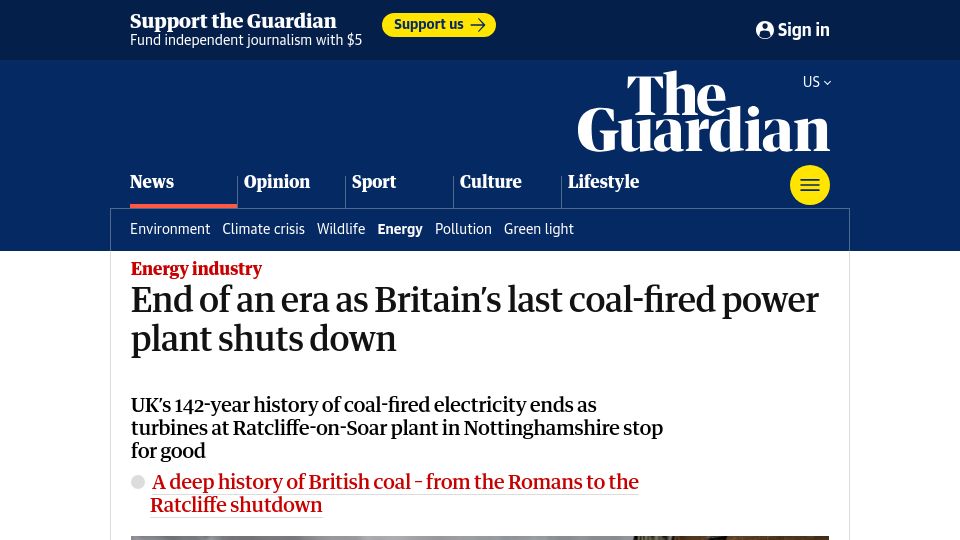 Screenshot of theguardian.com: Britain's last coal-fired power plant shuts down