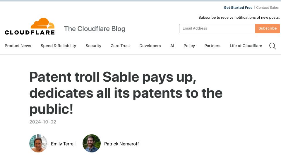 Screenshot of blog.cloudflare.com: Patent troll Sable pays up, dedicates all its patents to the public