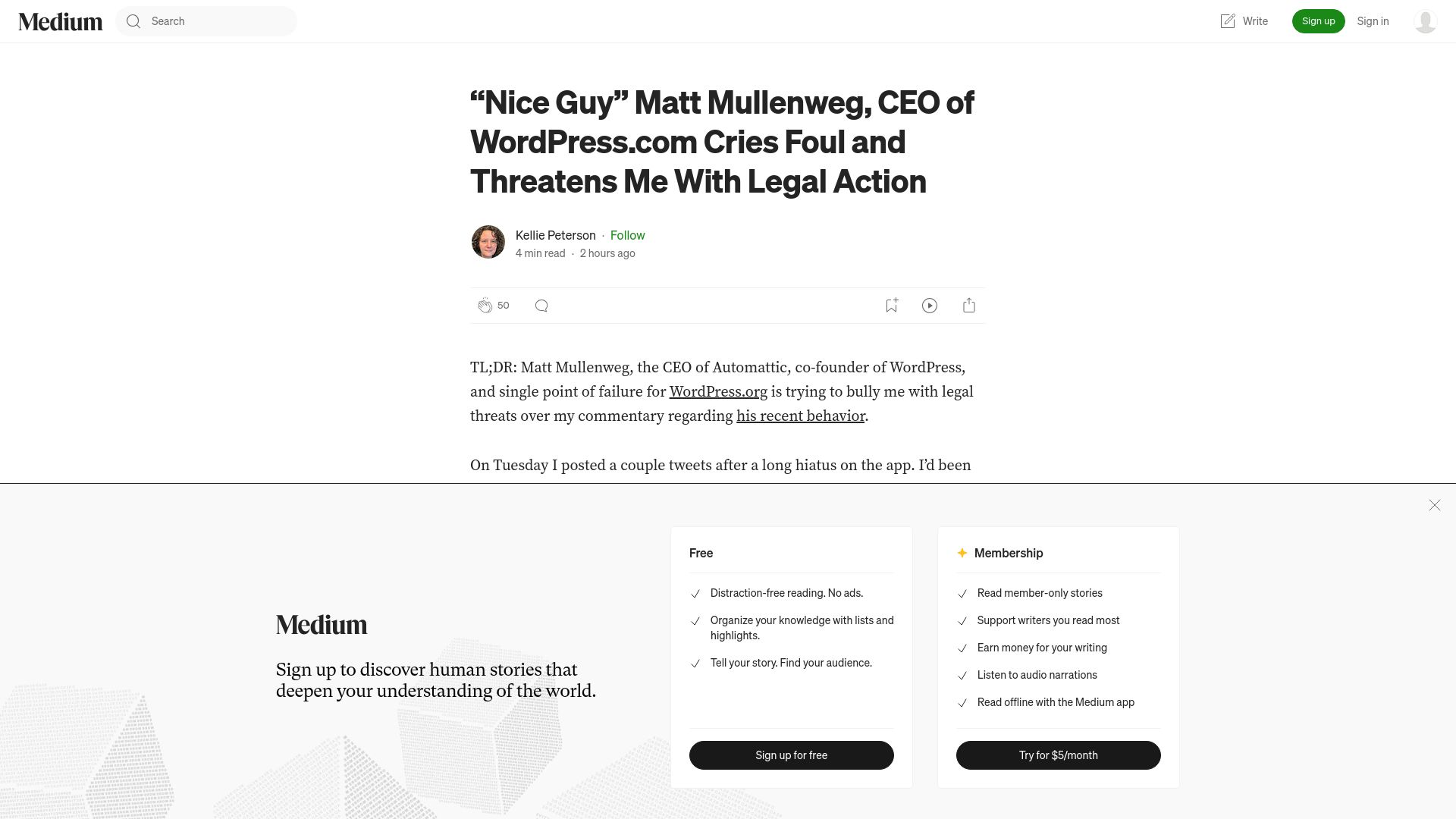 Screenshot of medium.com: CEO of Wordpress.com Cries Foul and Threatens Me with Legal Action