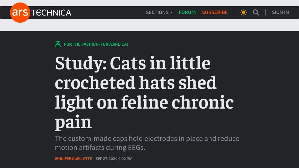 Screenshot of arstechnica.com: Study: Cats in little crocheted hats shed light on feline chronic pain