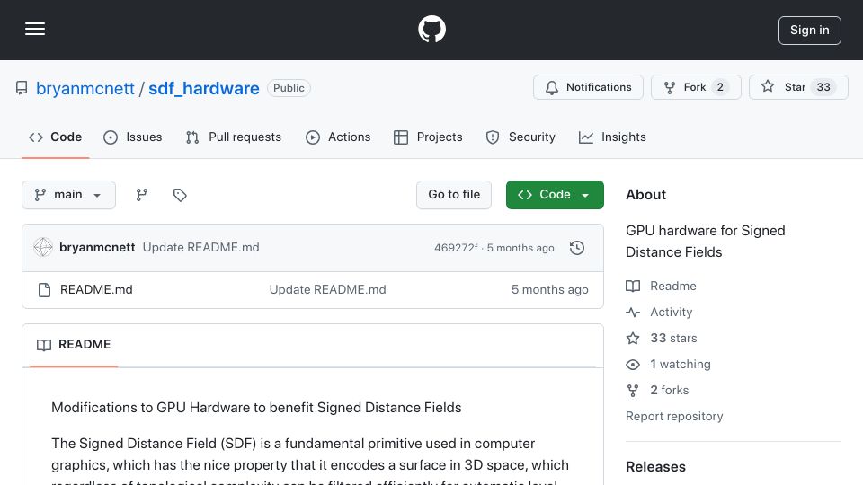 Screenshot of github.com: Modifications to GPU Hardware to Benefit Signed Distance Fields