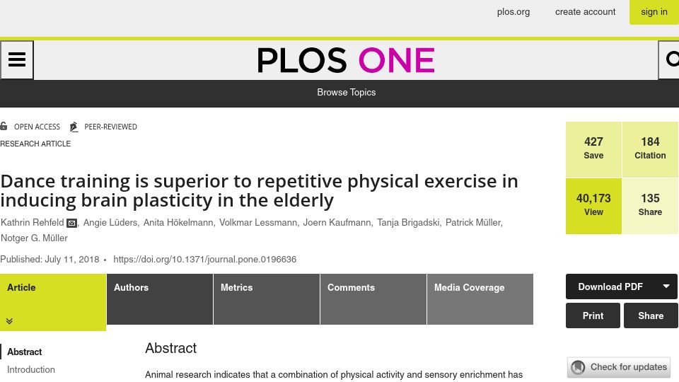 Screenshot of journals.plos.org: Dance training superior to physical exercise in inducing brain plasticity (2018)