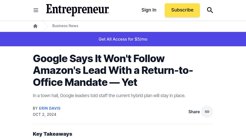 Screenshot of entrepreneur.com: Google says it won't follow Amazon's lead with a return-to-office mandate