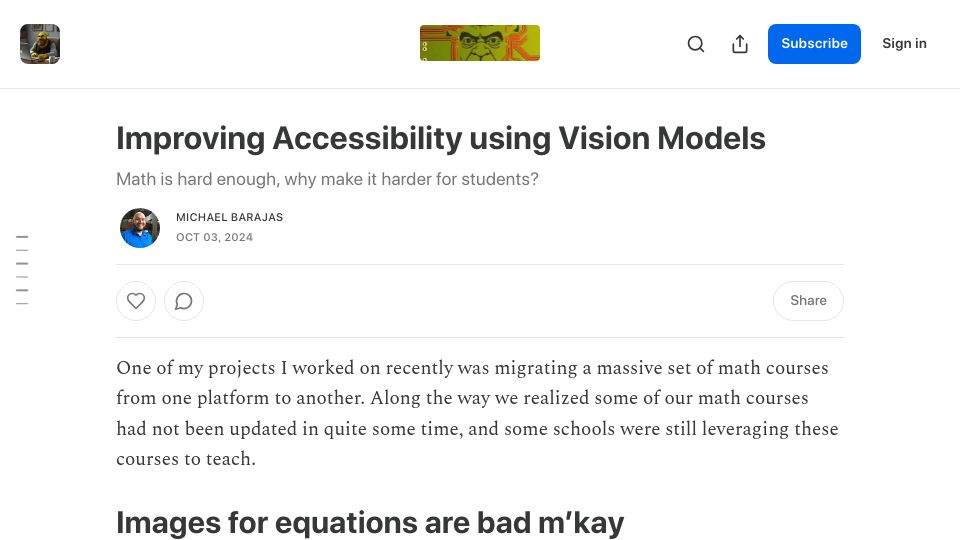 Screenshot of myswamp.substack.com: Improving Accessibility Using Vision Models