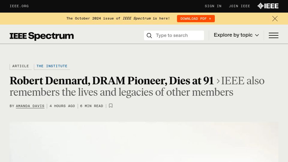 Screenshot of spectrum.ieee.org: Robert Dennard, DRAM Pioneer, has died