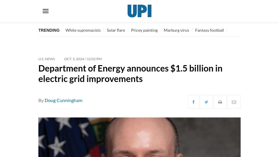 Screenshot of upi.com: US Dept of Energy announces $1.5B in electric grid improvements