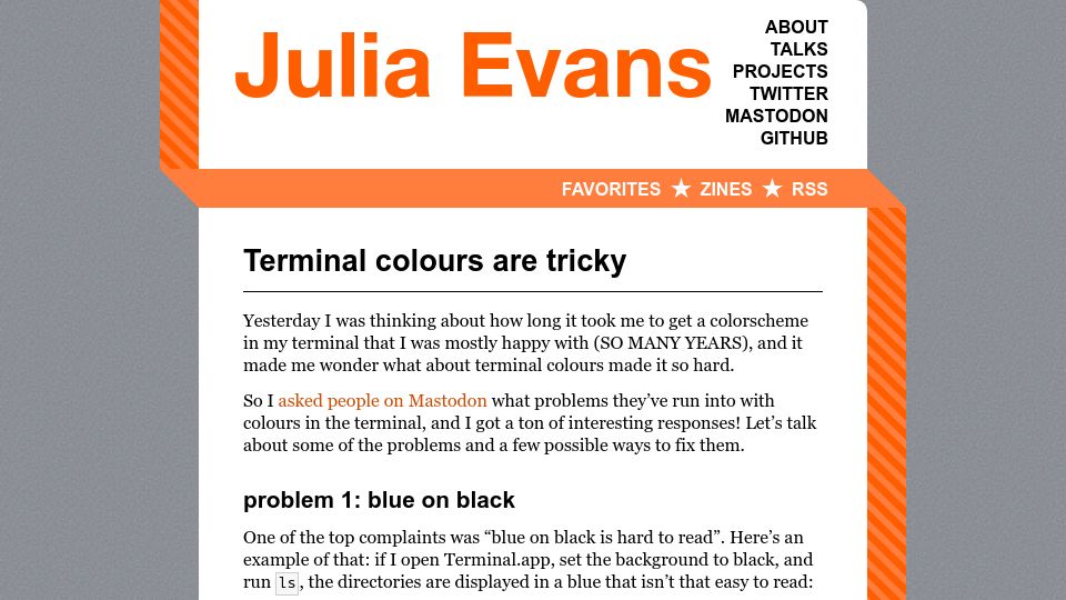 Screenshot of jvns.ca: Terminal colours are tricky