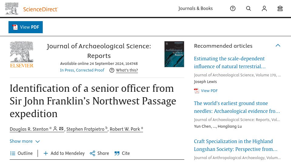 Screenshot of sciencedirect.com: Identification of officer from Sir John franklin's Northwest Passage expedition