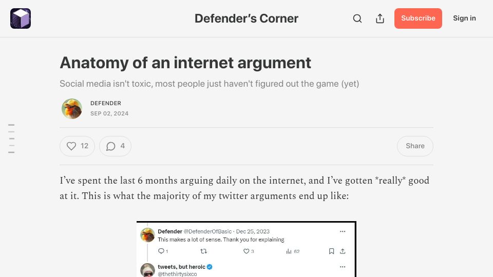 Screenshot of defenderofthebasic.substack.com: Anatomy of an Internet Argument