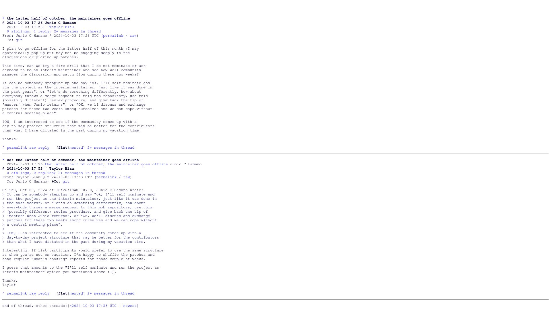 Screenshot of lore.kernel.org: The latter half of October, the maintainer goes offline