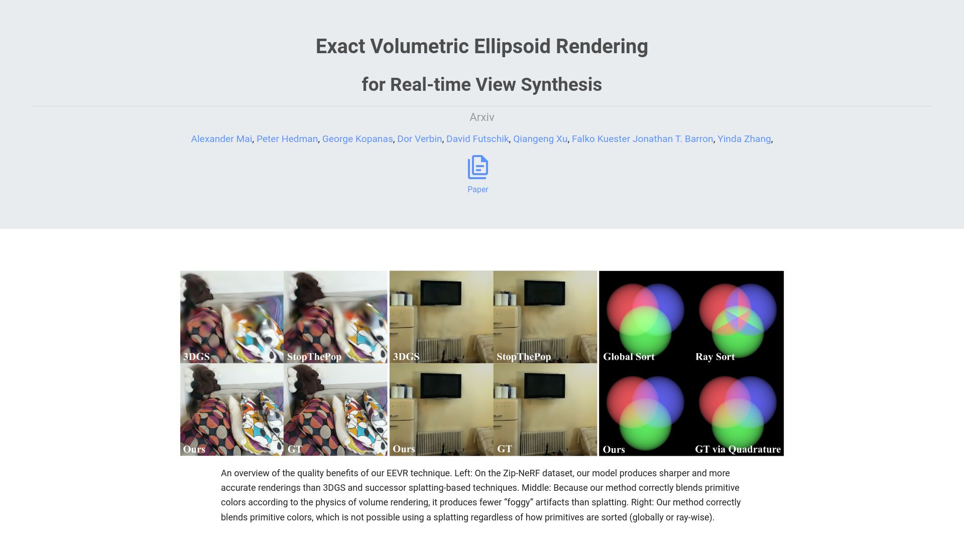 Screenshot of half-potato.gitlab.io: Ever: Exact Volumetric Ellipsoid Rendering for Real-Time View Synthesis