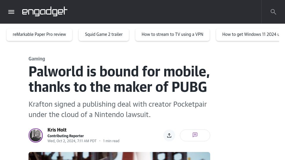 Screenshot of engadget.com: Palworld is bound for mobile, thanks to the maker of PUBG