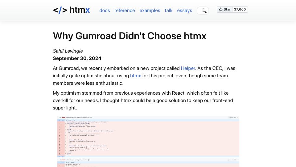 Screenshot of htmx.org: Why Gumroad Didn't Choose Htmx