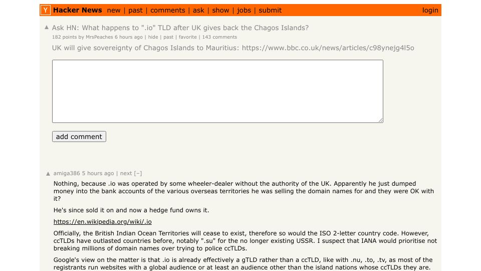 Screenshot of Hacker News post: Ask HN: What happens to ".io" TLD after UK gives back the Chagos Islands?