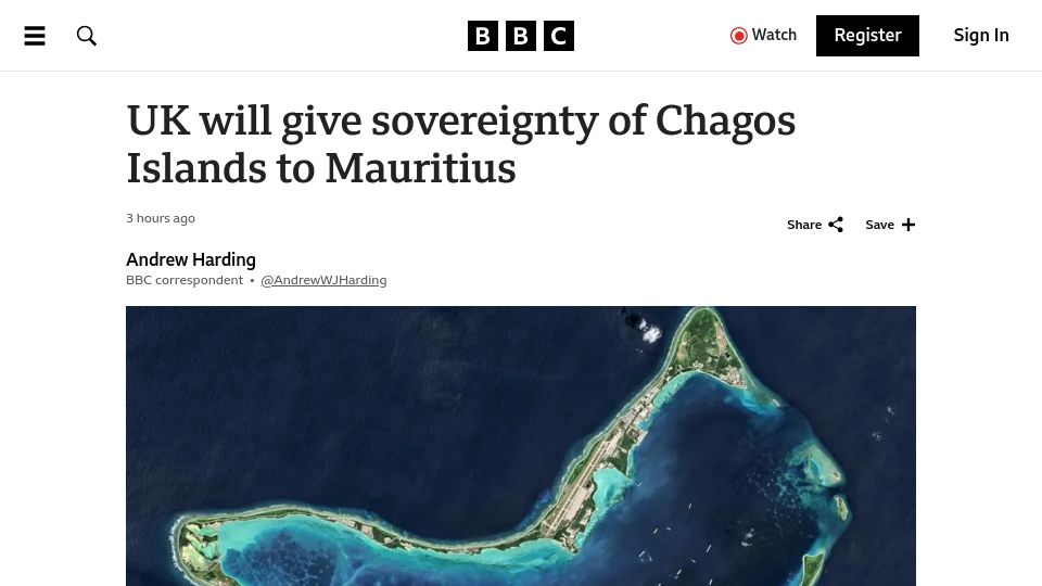 Screenshot of bbc.co.uk: UK will give sovereignty of Chagos Islands to Mauritius