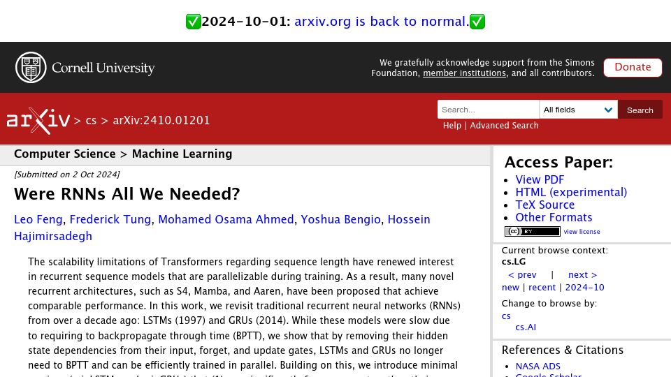 Screenshot of arxiv.org: Were RNNs all we needed?