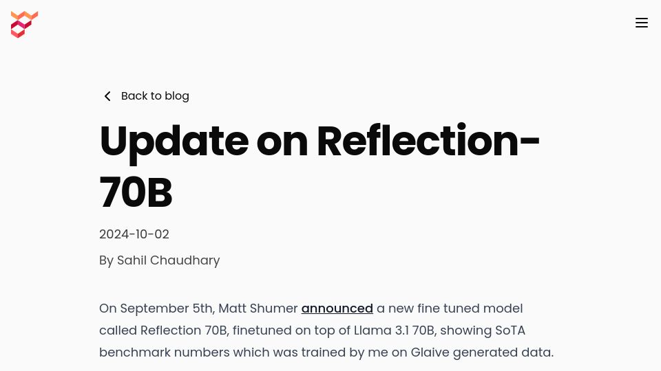 Screenshot of glaive.ai: Update on Reflection-70B