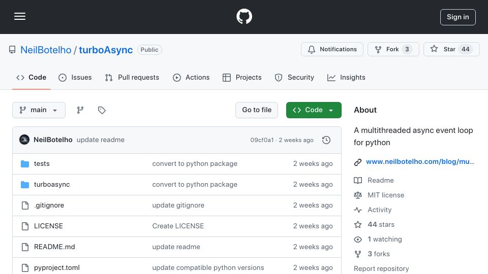 Screenshot of github.com: Show HN: Bringing multithreading to Python's async event loop