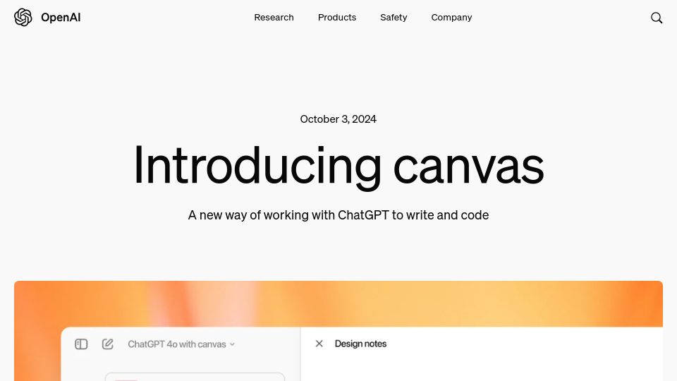 Screenshot of openai.com: Canvas is a new way to write and code with ChatGPT
