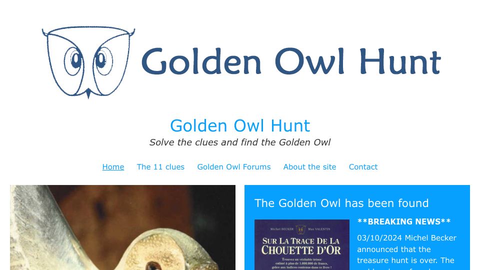 Screenshot of goldenowlhunt.com: France's oldest treasure hunt has been solved