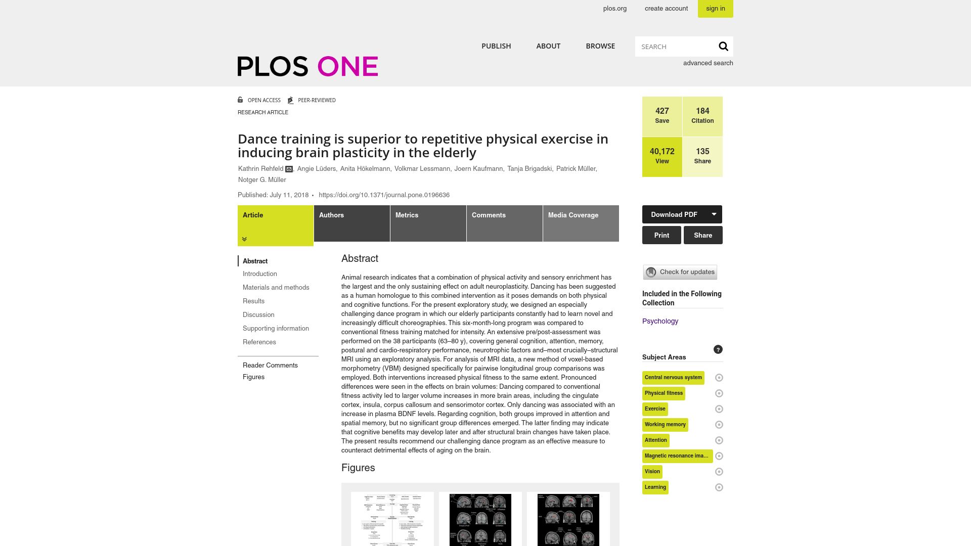 Screenshot of journals.plos.org: Dance training superior to physical exercise in inducing brain plasticity (2018)