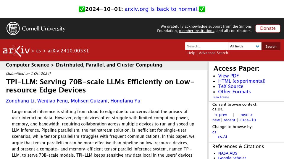 Screenshot of arxiv.org: Serving 70B-scale LLMs efficiently on low-resource edge devices [pdf]