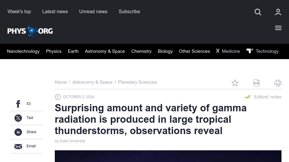 Screenshot of phys.org: Gamma radiation is produced in large tropical thunderstorms