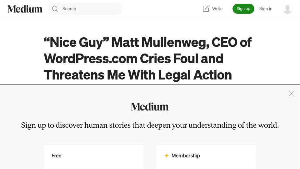 Screenshot of medium.com: CEO of Wordpress.com Cries Foul and Threatens Me with Legal Action