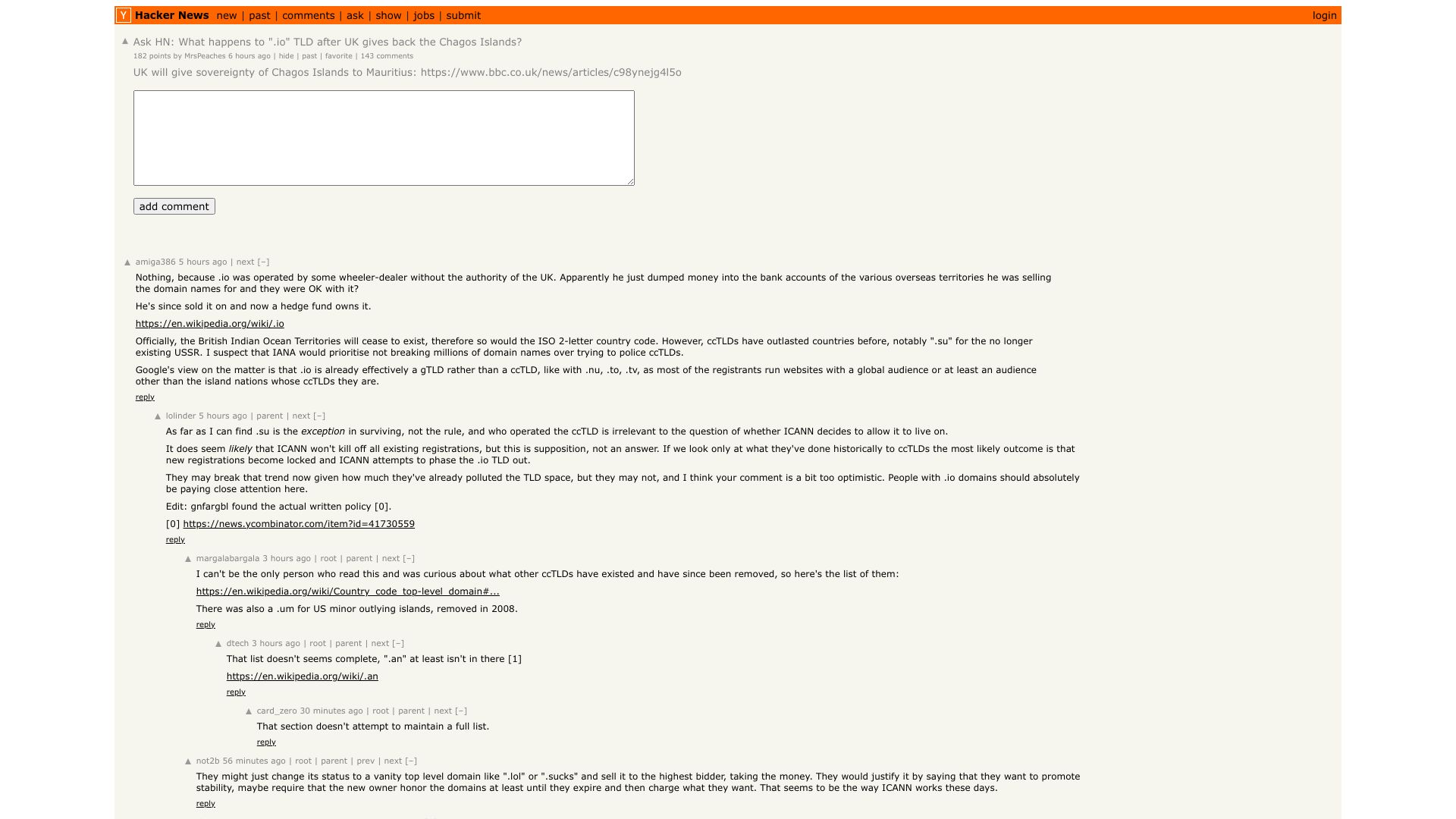 Screenshot of this Hacker News post: Ask HN: What happens to ".io" TLD after UK gives back the Chagos Islands?