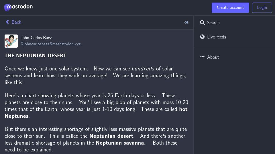 Screenshot of mathstodon.xyz: Discussing the Neptunian desert, savanna, and ridge
