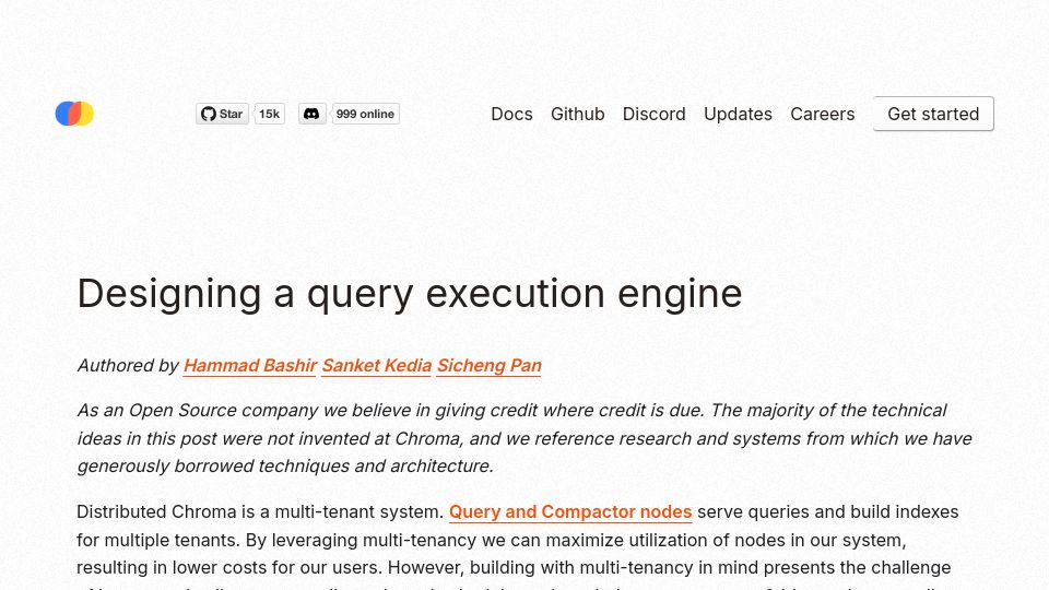 Screenshot of trychroma.com: Designing a Query Execution Engine