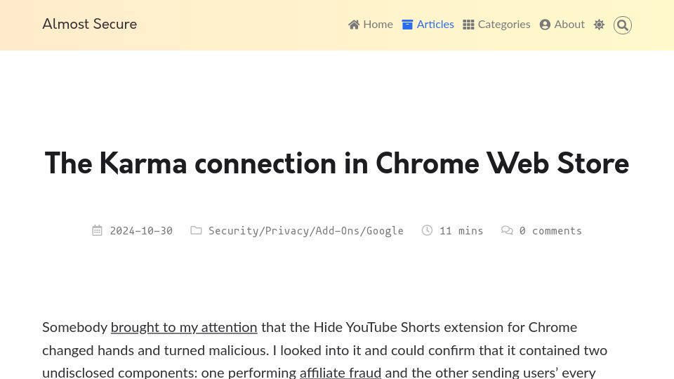 Screenshot of palant.info: The Karma connection in Chrome Web Store