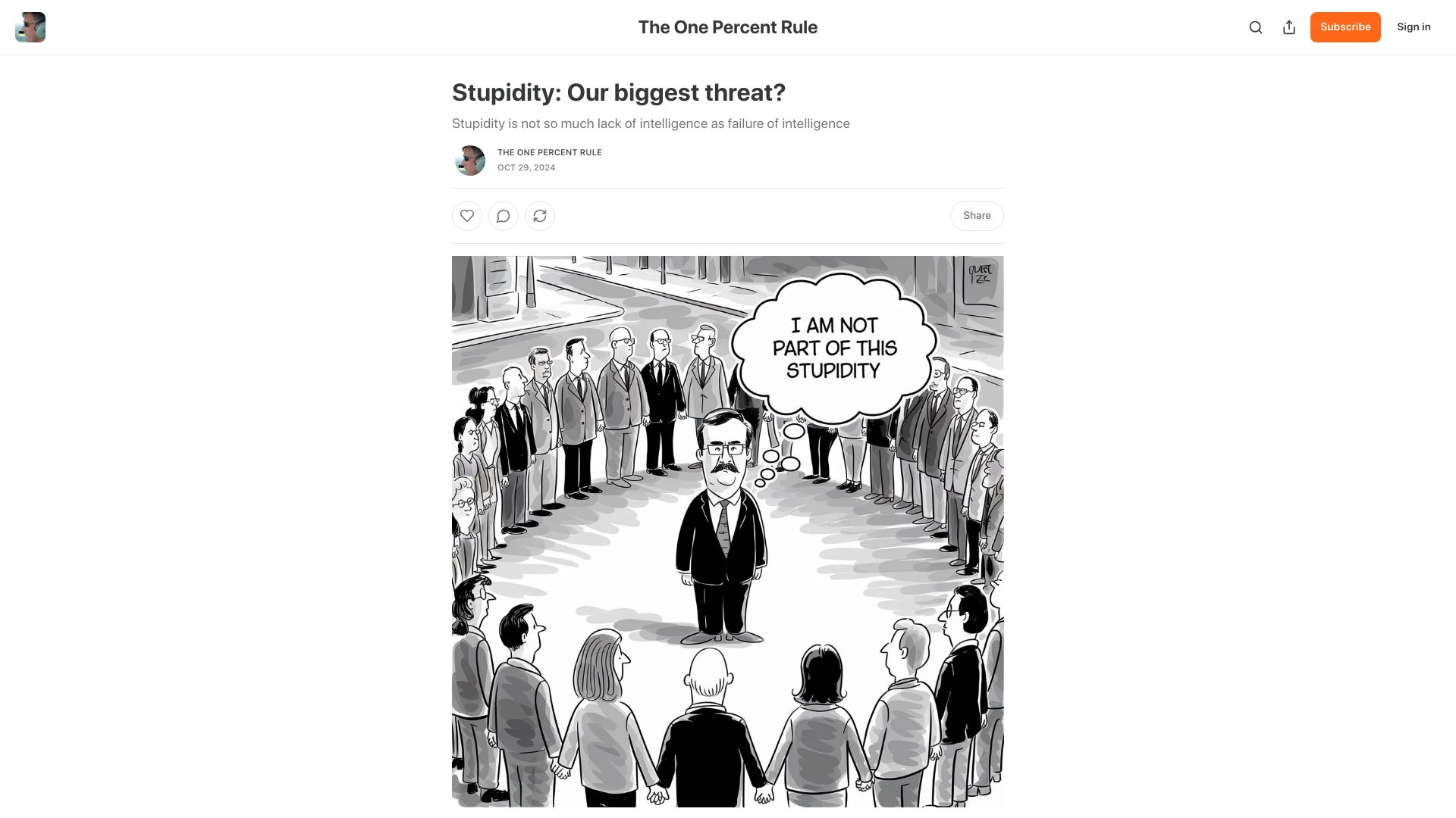 Screenshot of onepercentrule.substack.com: Stupidity