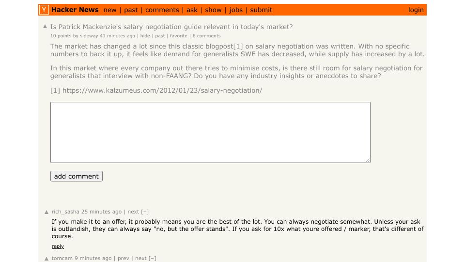 Screenshot of Hacker News post: Is Patrick Mackenzie's salary negotiation guide relevant in today's market?