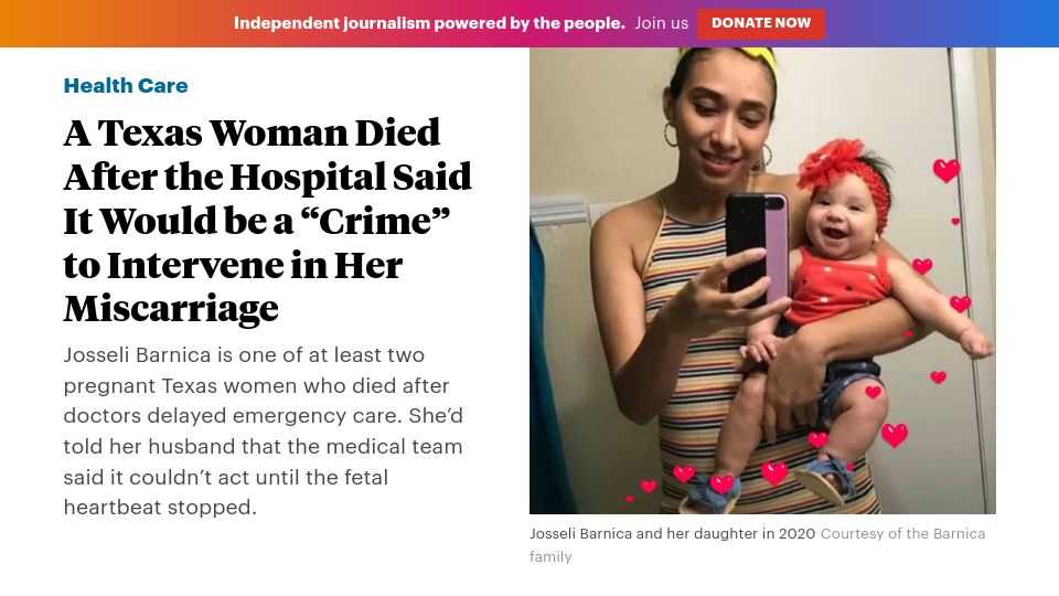 Screenshot of propublica.org: Woman dies from miscarriage after hospital said it would be a crime to intervene