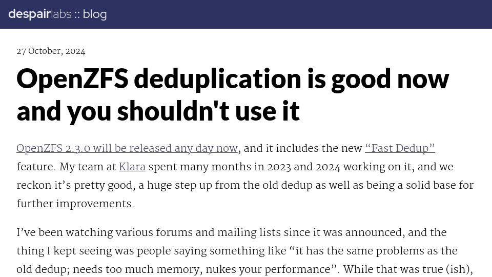 Screenshot of despairlabs.com: OpenZFS deduplication is good now and you shouldn't use it