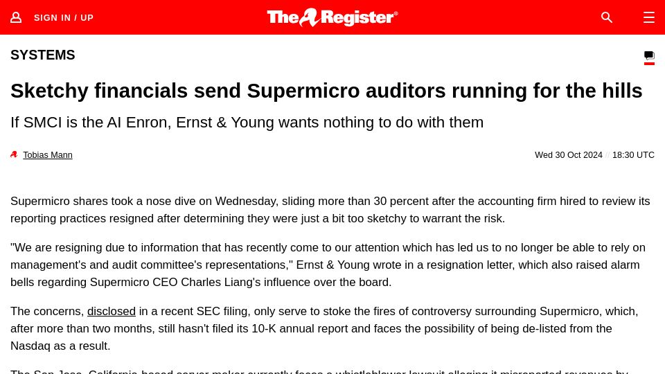 Screenshot of theregister.com: Sketchy financials send Supermicro auditors running for the hills